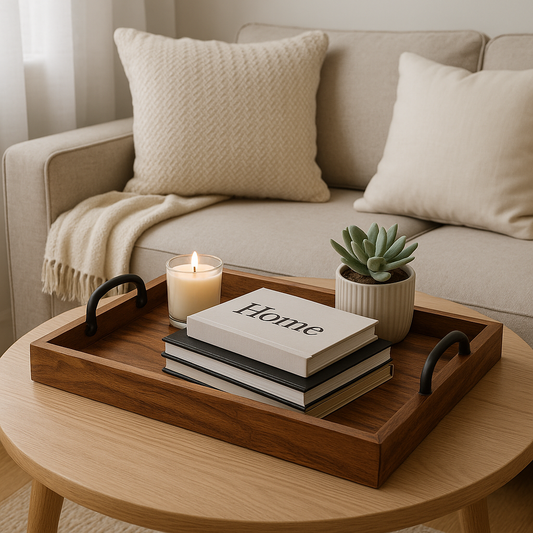Wooden tray on coffee table with books, candle, and plant in a cozy living room.