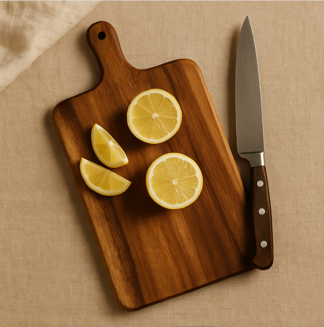 Acacia wood chopping board with sliced lemons and a stainless steel knife on a beige fabric background, showcasing a warm, natural kitchen aesthetic.