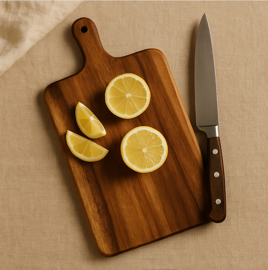 Acacia wood chopping board with sliced lemons and a stainless steel knife on a beige fabric background, showcasing a warm, natural kitchen aesthetic.